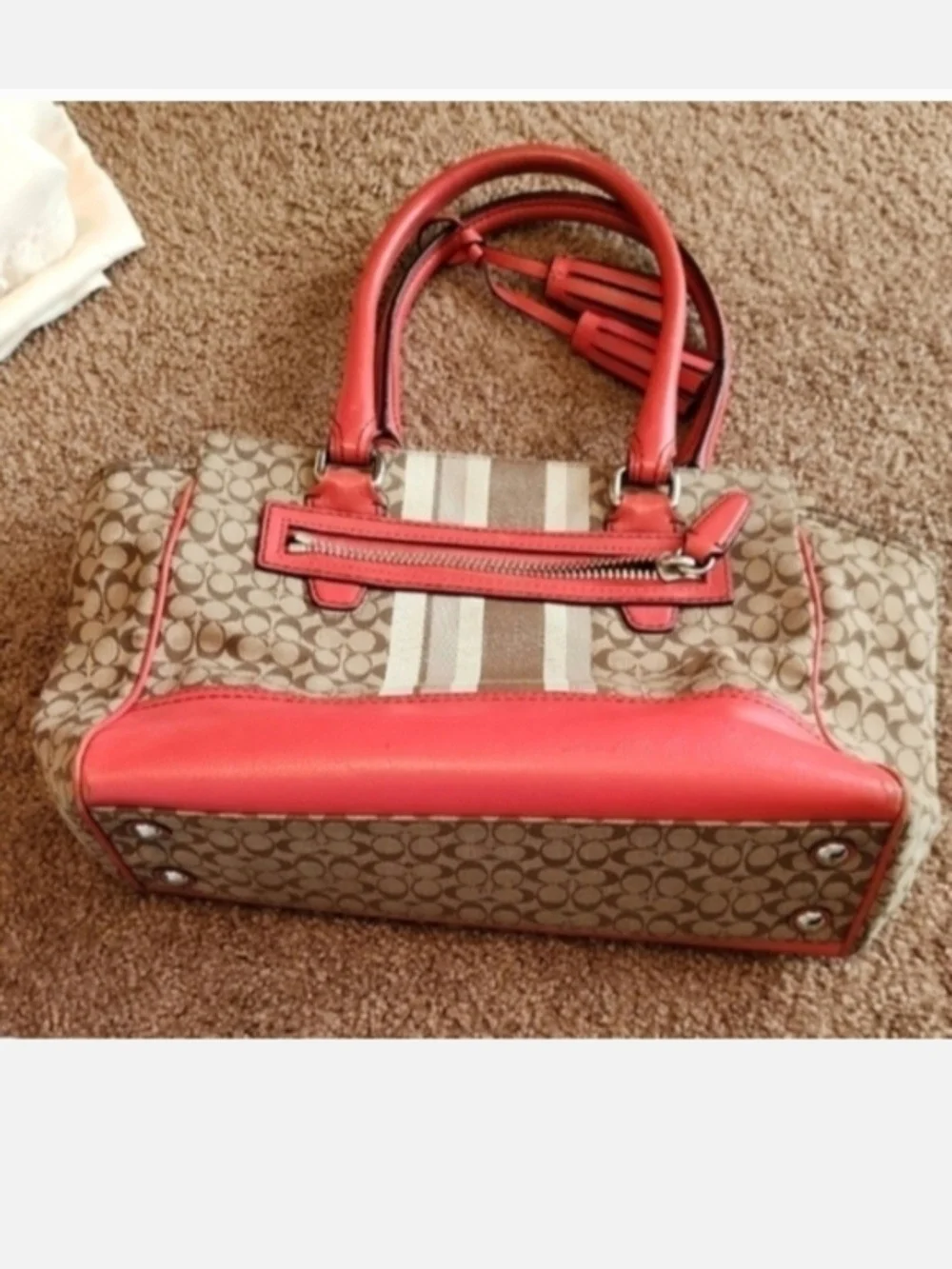 Coach Signature Canvas Satchel with Coral Trim